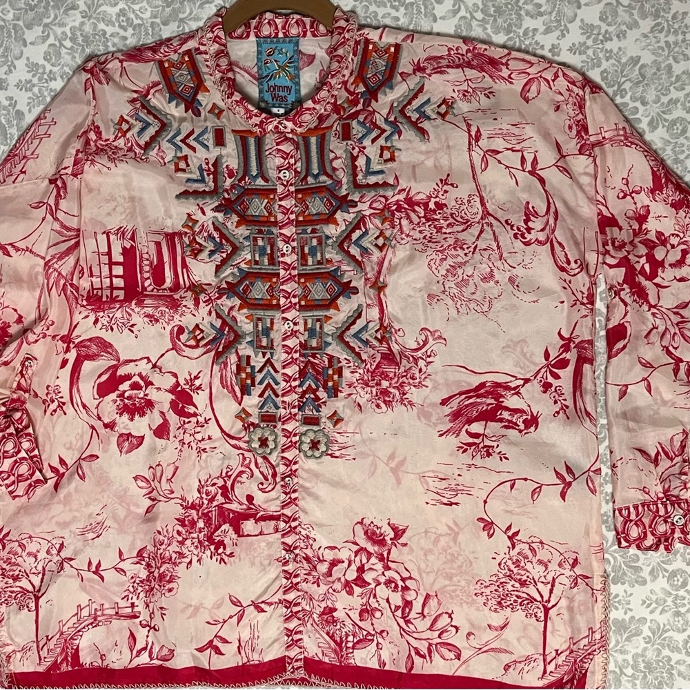 Johnny Was Pink and Red Floral Embroidered Button-Up Blouse